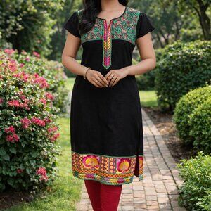 Black Embroidered Kurti / Tunic Top with Colorful Yoke & Border